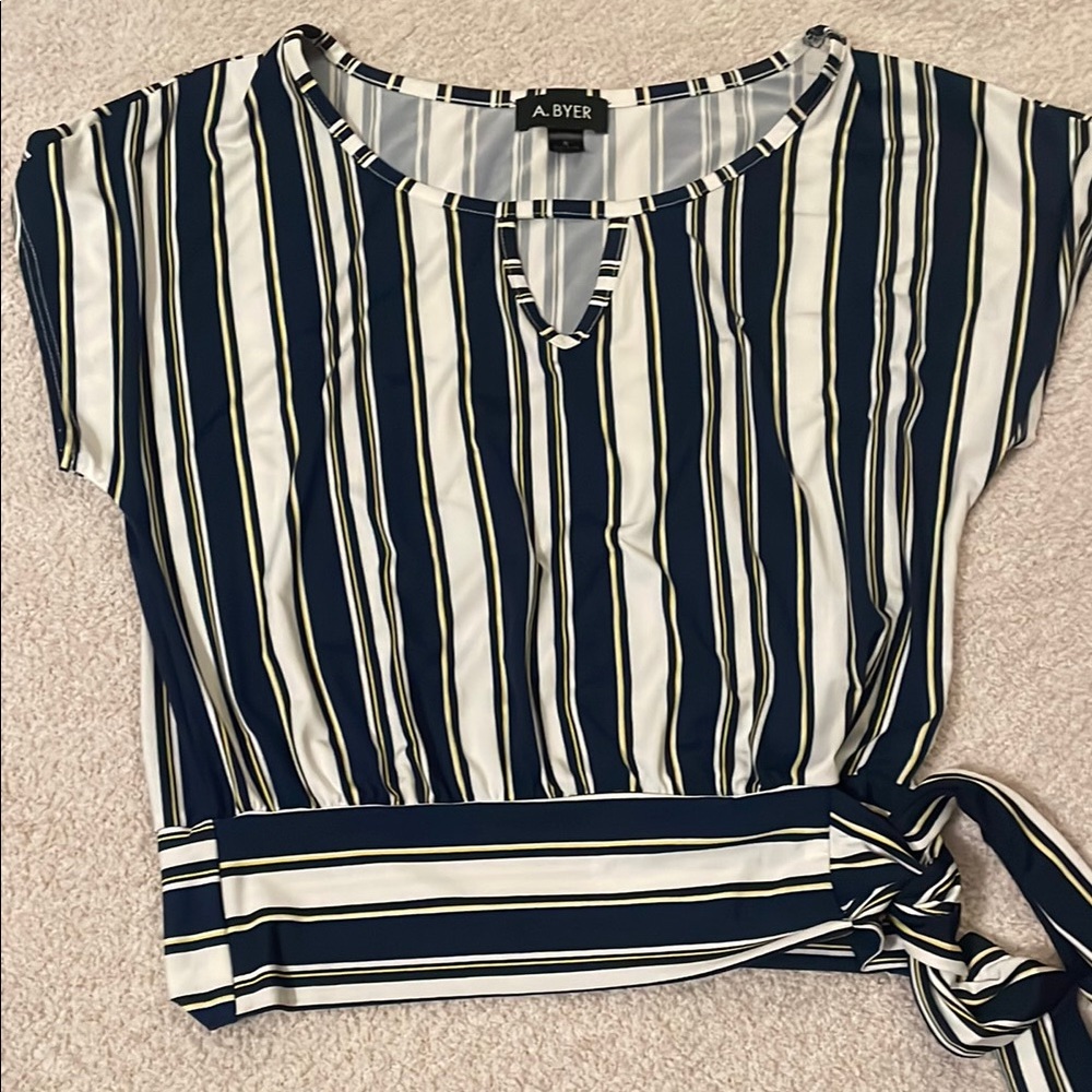 A. Byer Striped Tie-Waist Blouse with Flutter Sleeves, Size Small